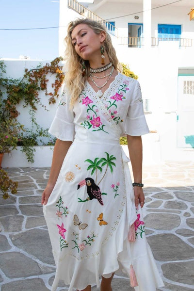 White embroidered wrap clearance dress